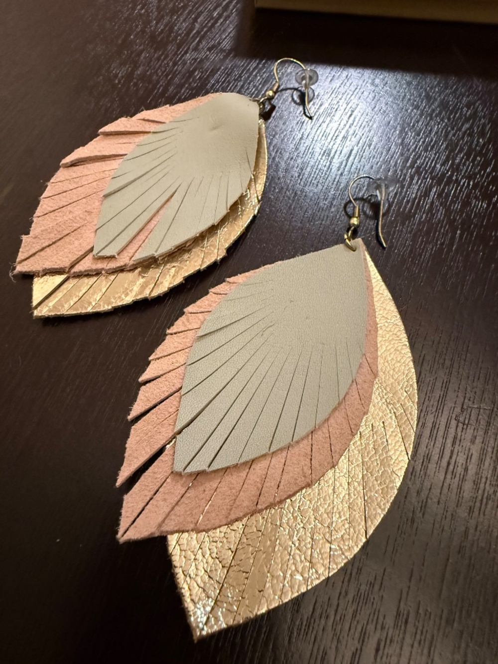 Noonday Collection Layered Leather Leaf Statement Earrings Boho Fringe Pink Gray